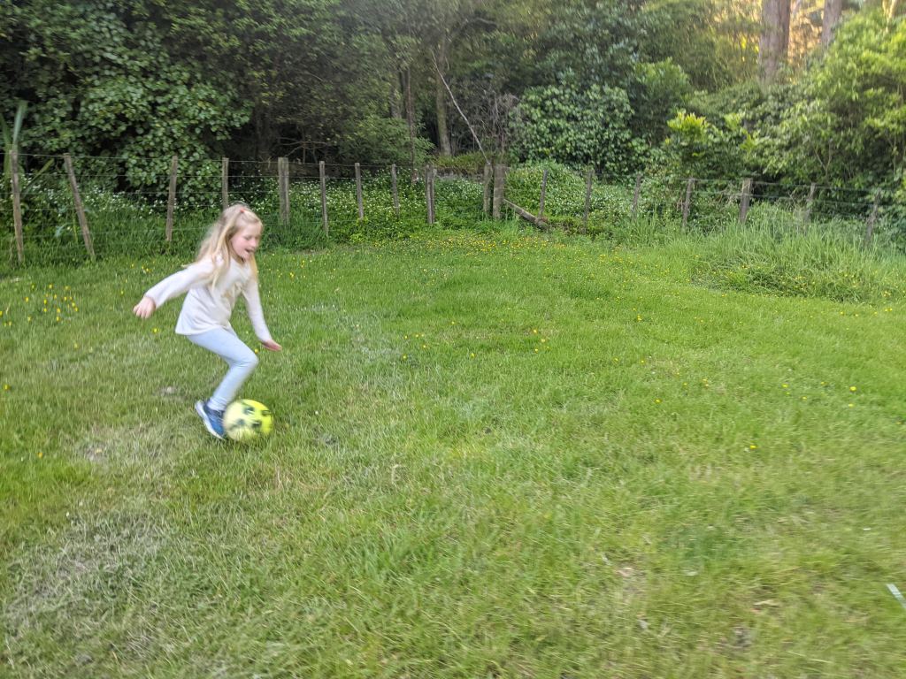 A child kicks a yellow football in motion blur in the corner of a well-grassed country field.